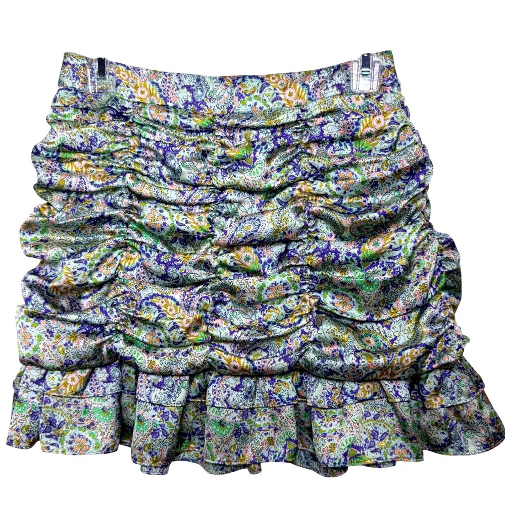 Zara Ruched Floral Mini Skirt‎ Womens Sm Blue Green Paisley Boho Ruffle Festival